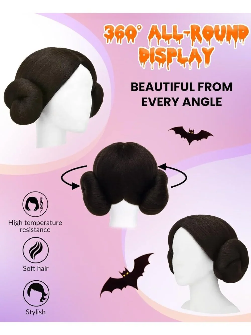 Women's Black Bun Cosplay Convenient Set Include Adjustable Wig Cap Headpiece